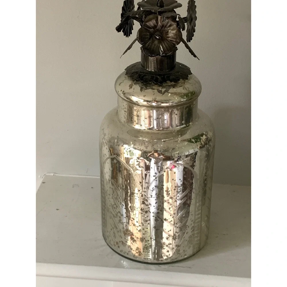 Vintage Mercury Glass Apothecary Jar Etched Silver Canister Metal Flower Lid 11